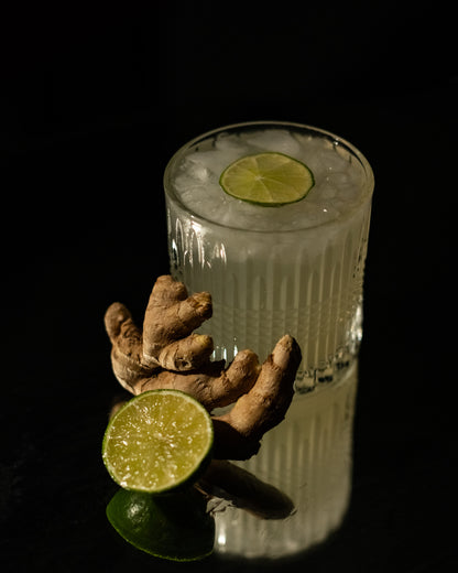 Glass of ginger ale with a lime wedge on a dark background